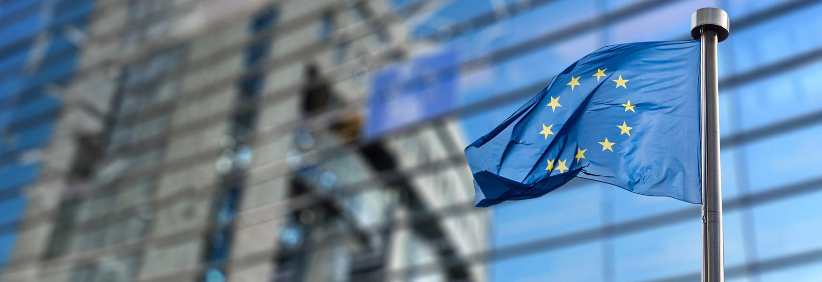 Flaga Unii Europejskiej na tle biurowca