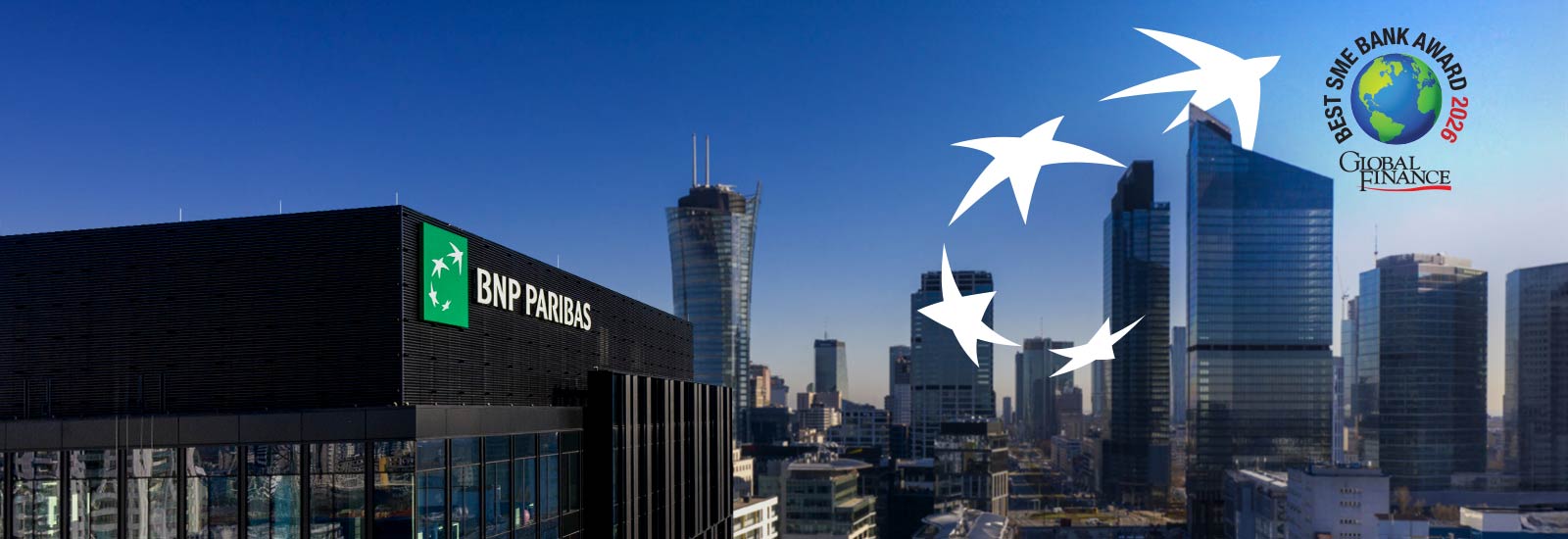widok na centrala banku oraz logo nagrody best SME award 2026
