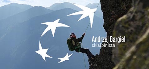 grafika przedstawia Andrzeja Bargiela skiaplinistę wspinającego się na górę