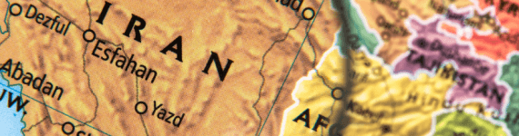 Grafika prezentująca mapę Bliskiego Wschodu ze zbliżeniem na Iran