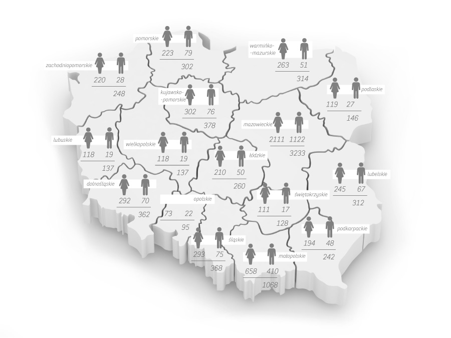 Liczba zatrudnionych w 2016 roku, w podziale na województwa